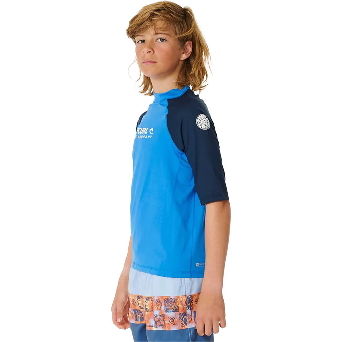 2024 Rip Curl Junior Shock UPF Short Sleeve Boy Rash Vest 124BRV - Blue Gum